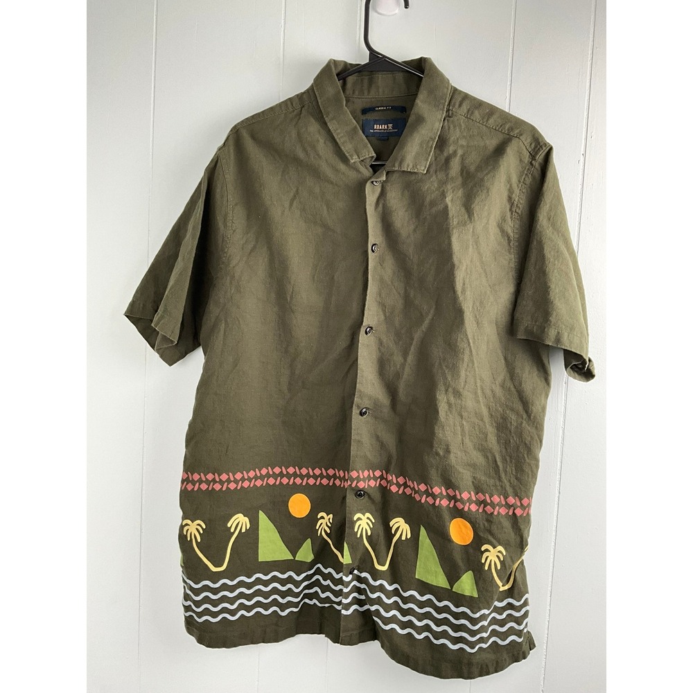 Roark Mens Large Classic Fit Organic Cotton Linen Tropical Graphic Shirt Green